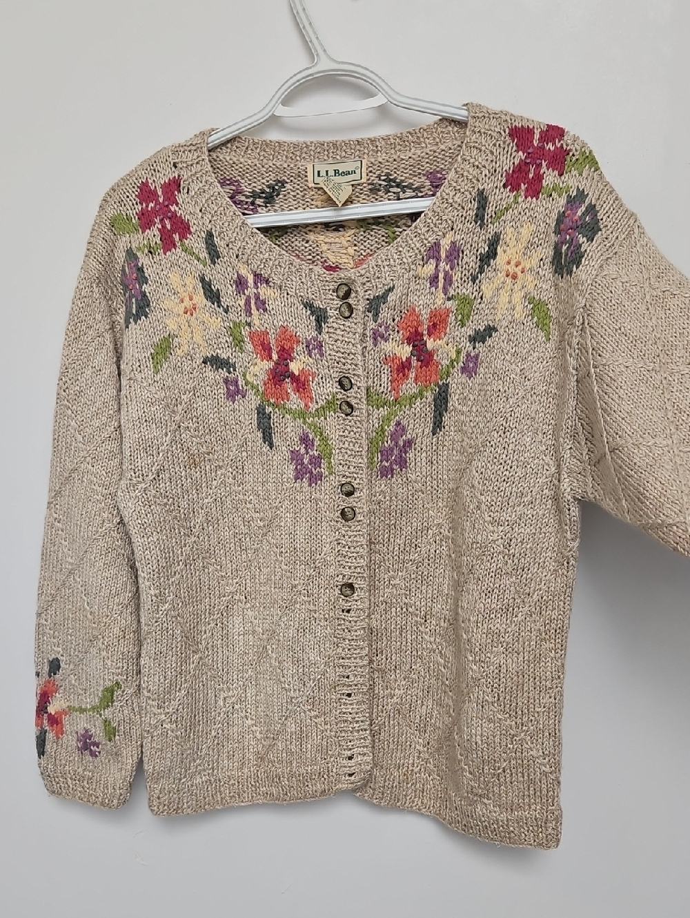 L.L. Bean Vintage Ramie Cardigan Sweater Women Size Med Floral Button Up Grandma - Picture 5 of 8
